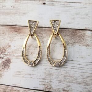 Vintage Polcini Clip On Earrings Gold Tone & Clear Gems